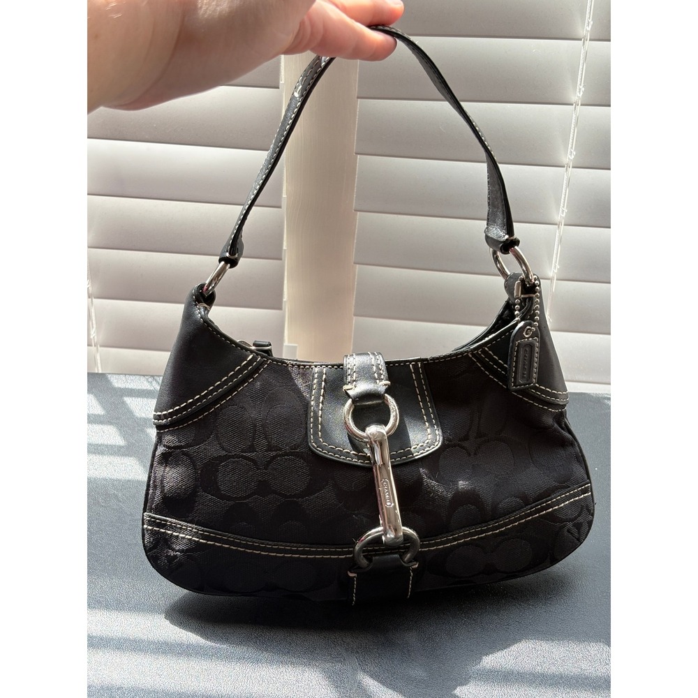 Coach Logo Shoulder Bag Womens Small Black Excellent Signature 10283
